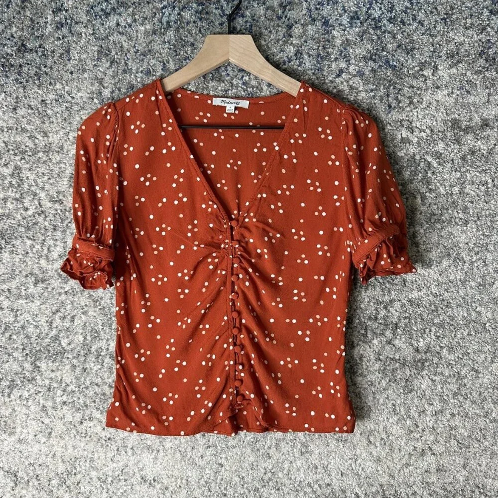 Madewell Blouse Womens‎ 0 Orange Polka Dot Ruched Button Puff Sleeve Top